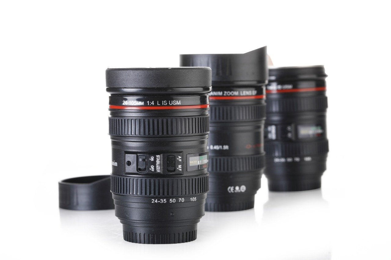 Coffee flask shaped like a camera lens with a removable lid. camera lens coffee mug, photography mug, DSLR coffee cup, camera lens shaped mug, quirky coffee mug, travel mug with lid, 350ml stainless steel mug, coffee mug for photographers, plastic camera mug
