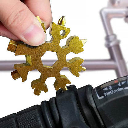 18 in 1 stainless steel snowflake multi tool keychain with wrench and bottle opener, compact EDC tool for travel, camping, and DIY use,