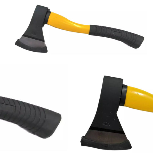 Fiberglass body wood cutting axe with a rubberized handle, demonstrating its durable design, hatchet axe, fiberglass axe, wood cutting axe, gardening axe, camping hatchet, outdoor axe, safety axe, lightweight axe, rubber grip axe, 685g axe