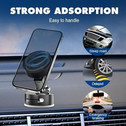Phone holder with strong adsorption feature on a car dashboard, showing scenarios like steep roads and emergency braking. 360 rotatable mobile holder with vacuum magnetic suction base positioned on car dashboard for hands-free navigation