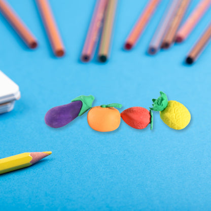 Novelty pencil eraser set featuring fruit and vegetable shapes