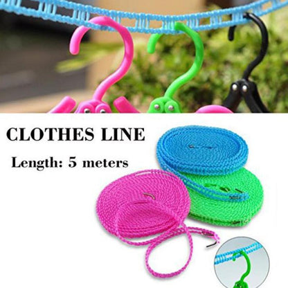 adjustable clothesline with hooks for quick setup, weather-resistant clothes drying rope for balcony use, multipurpose laundry line for home and outdoor needs, reusable clothesline rope with hook ends for strong grip, foldable travel clothesline for hostel and vacation use