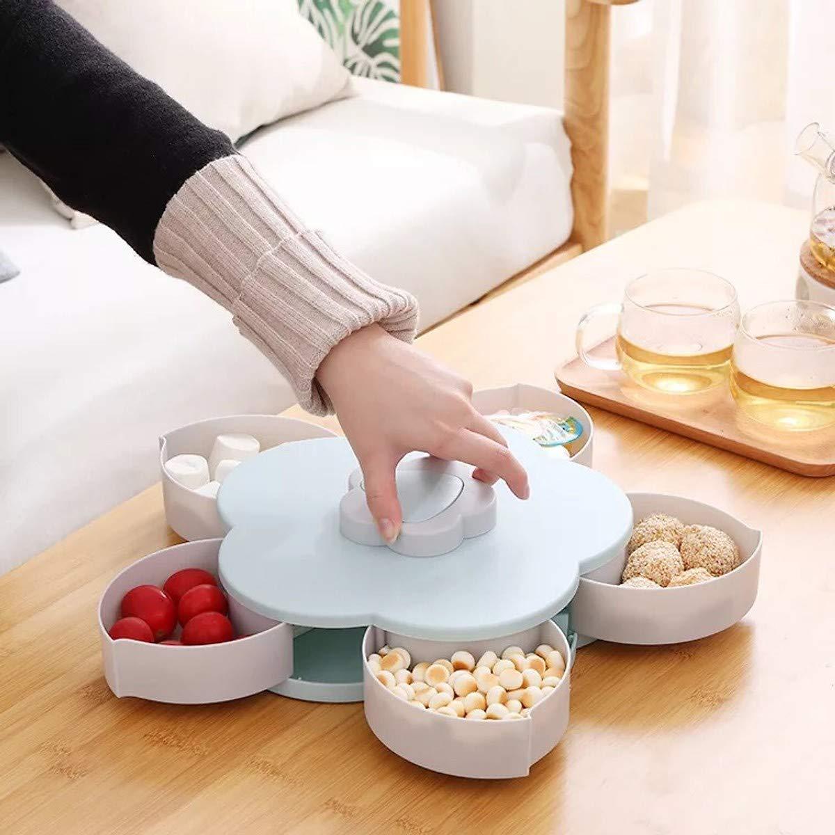 Smart candy box for organized storage. smart candy box, rotating snack box, dry fruit storage container, 5-grid candy organizer, petal-shaped snack box, ABS snack box, twist open candy box