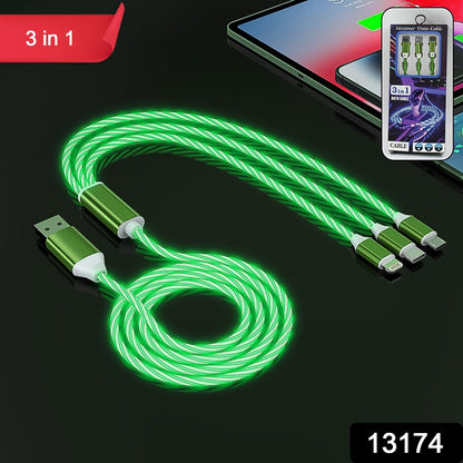 3 in 1 fast charging cable, multi port USB charger cable, light up charging cable, android iphone type c cable, LED USB charging cable, fast charge multi connector cable

