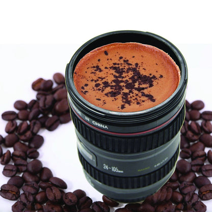 Stainless steel mug with a plastic camera lens design, showcasing its distinctive appearance, camera lens coffee mug, photography mug, coffee mug with lid, 350ml travel cup, DSLR lens mug, coffee gift for photographers, insulated beverage mug