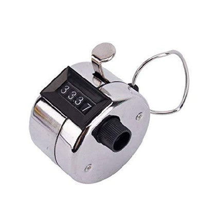 Handheld clicker counter with adjustable 4-digit display. manual tally counter, 4 digit hand counter, metal tally counter, people counting tool, mechanical clicker, sports lap counter, inventory tally, hand click counter, attendance counter, finger ring tally counter