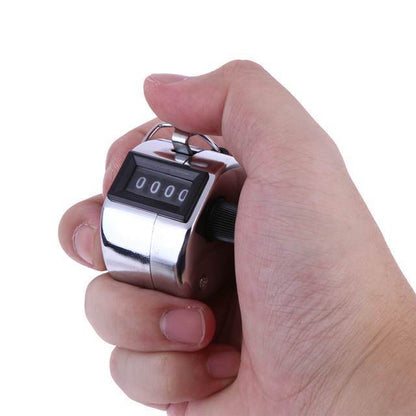 Portable tally counter with 4-digit readout. manual tally counter, 4 digit hand counter, metal tally counter, people counting tool, mechanical clicker, sports lap counter, inventory tally, hand click counter, attendance counter, finger ring tally counter