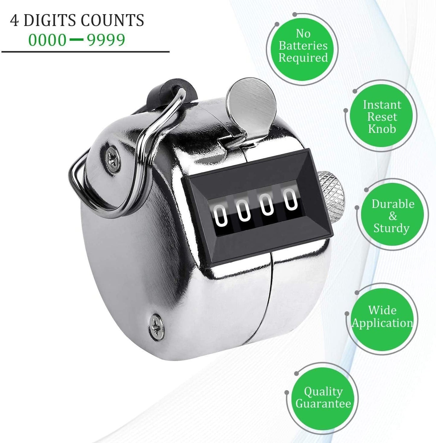 Manual tally counter with four-digit counter display. manual tally counter, 4 digit hand counter, metal tally counter, people counting tool, mechanical clicker, sports lap counter, inventory tally, hand click counter, attendance counter, finger ring tally counter