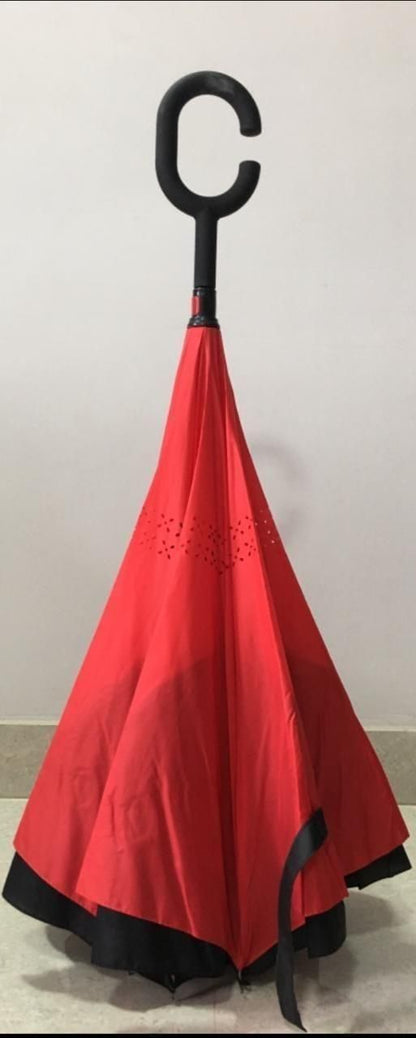  foldable inverted umbrella with double layer design, durable reversible umbrella with no drip feature, portable double layer umbrella for men and women, inverted umbrella with comfortable c-shape handle, no drip foldable umbrella for daily use India, double layer rain umbrella for men women India, reversible umbrella with ergonomic handle and no drip