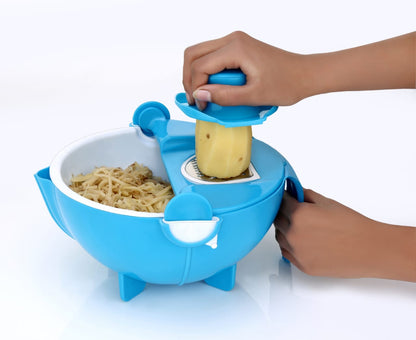 Vegetable cutter with rotating drain basket and slicer options. vegetable cutter with drain basket, 9 in 1 slicer, kitchen fruit cutter, multi-function vegetable slicer, slicer with detachable blades, salad maker cutter