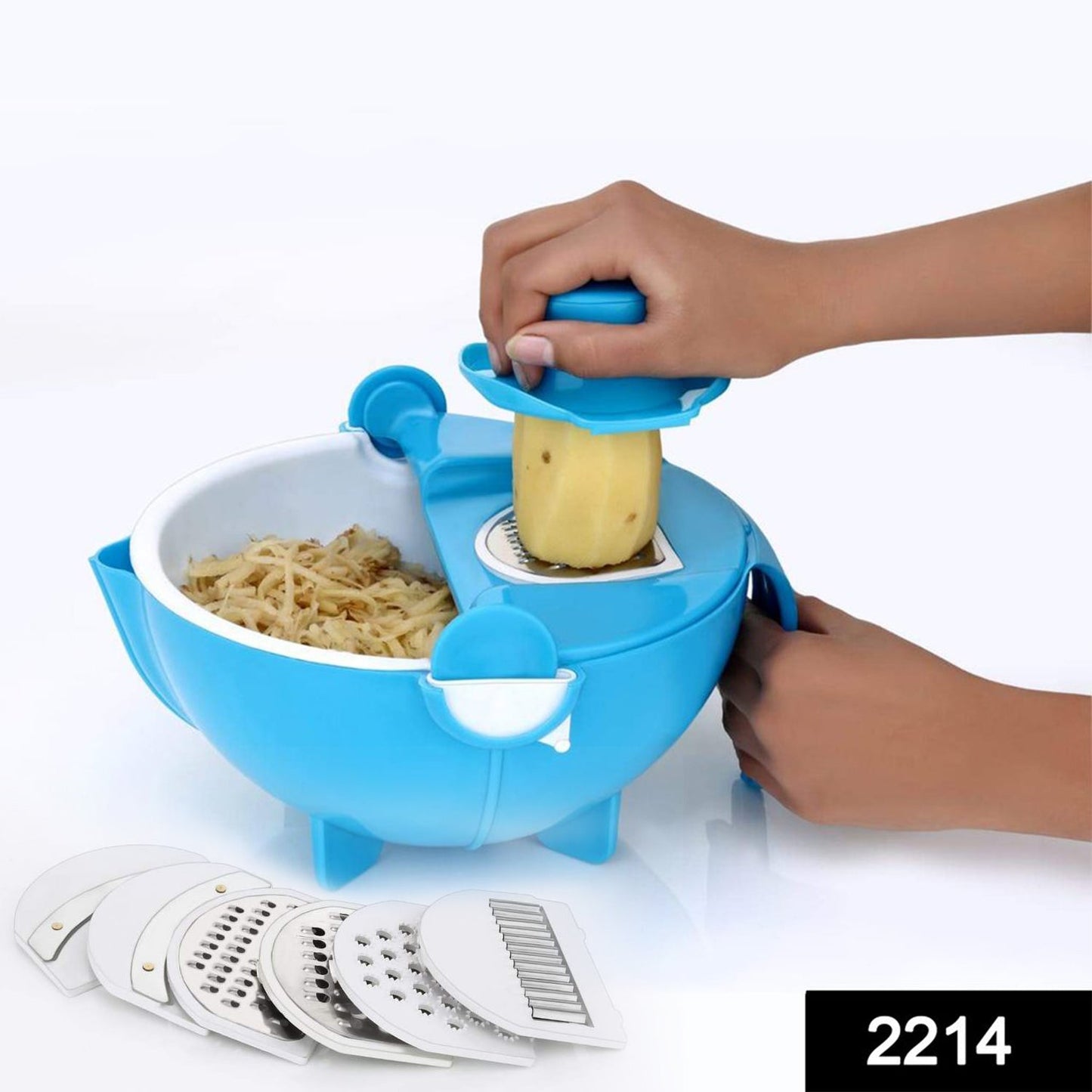 Vegetable cutter with rotating basket and multiple blade options. vegetable cutter with drain basket, 9 in 1 slicer, kitchen fruit cutter, multi-function vegetable slicer, slicer with detachable blades, salad maker cutter