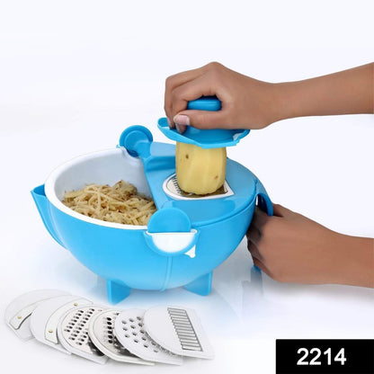 Vegetable cutter with rotating basket and multiple blade options. vegetable cutter with drain basket, 9 in 1 slicer, kitchen fruit cutter, multi-function vegetable slicer, slicer with detachable blades, salad maker cutter