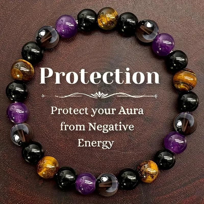 tiger eye amethyst citrine elastic stone bracelets for men and women, natural stone beaded bracelets for energy healing and protection, pack of 10 stretch gemstone bracelets with natural crystals,