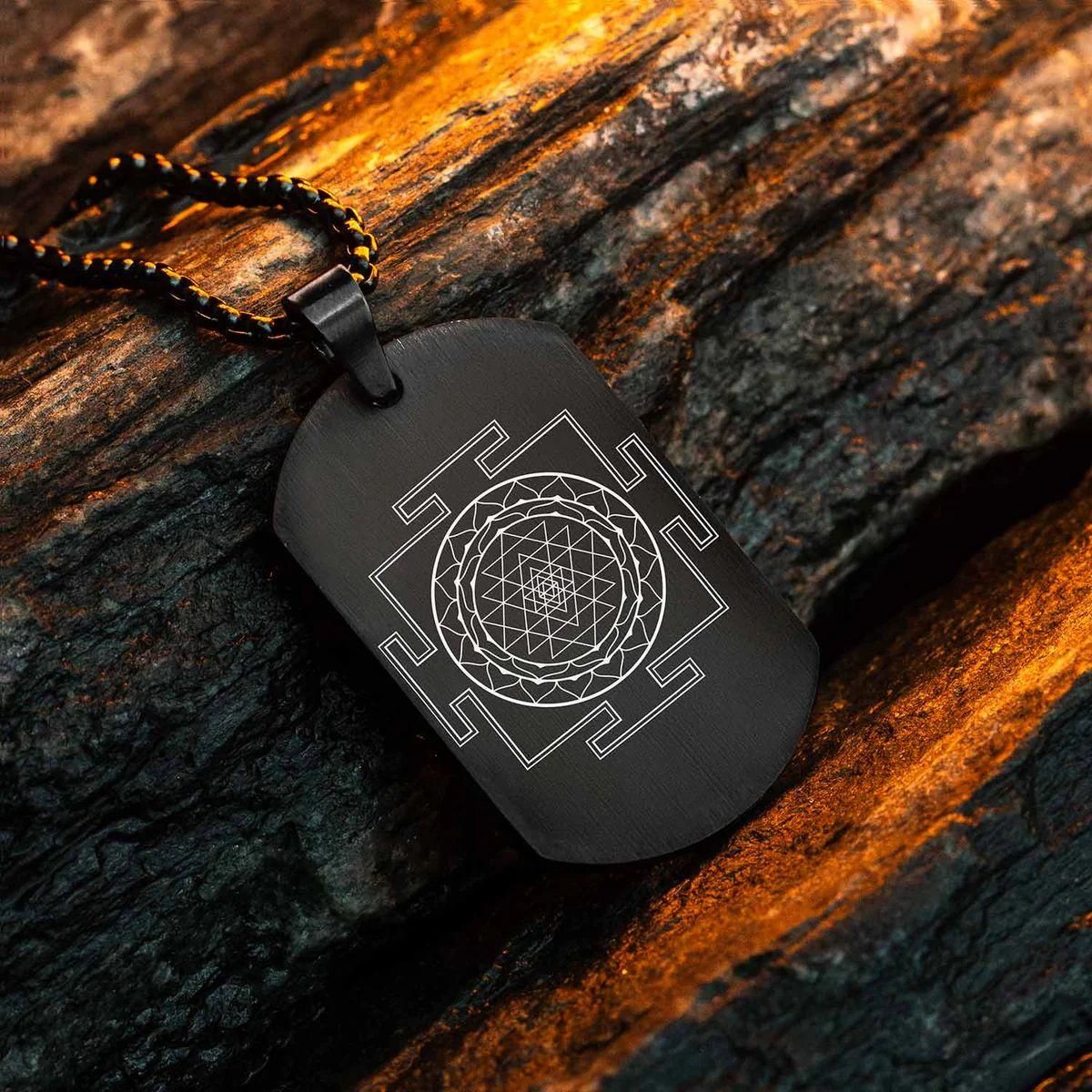 Prosperity Shree Yantra Black Pendant Necklace for Men – Stainless Steel Chain, Prosperity Shree Yantra necklace, Shree Yantra pendant chain, men's spiritual necklace, stainless steel Shree Yantra jewelry, black Shree Yantra necklace, casual religious necklace for men, Hindu prosperity necklace, Shree Yantra chain for men, men's casual spiritual jewelry, Shree Yantra pendant for luck