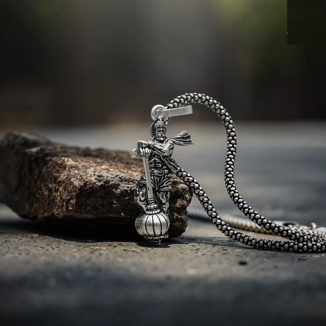 Silver Hanumanji with Gada Pendant Chain – Lord Hanuman Spiritual Locket for Men, Hanuman pendant, silver Hanumanji locket, Hanuman gada pendant, Hanuman chain for men, silver Hanumanji with gada locket, Lord Hanuman silver pendant, Bajrangbali pendant for men, Hanuman silver chain, spiritual pendant for men, devotional Hanuman locket

