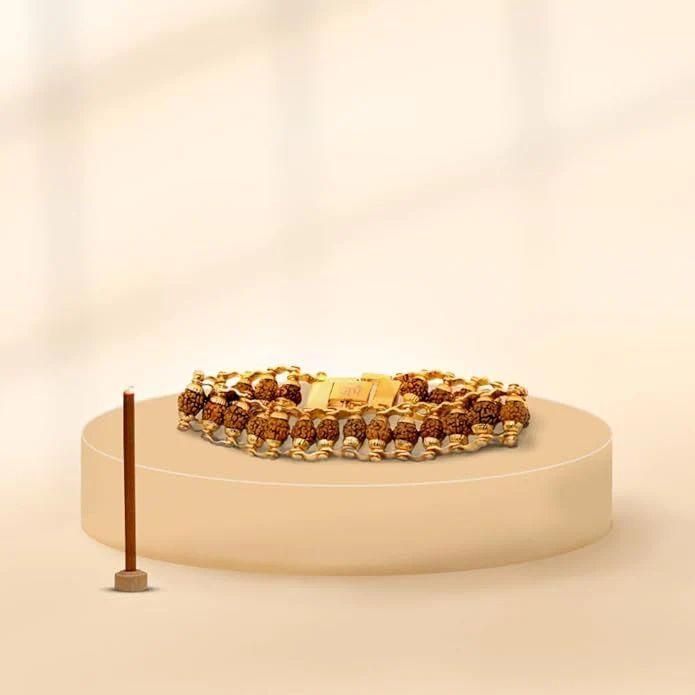 men’s paanch mukhi rudraksha gold bracelet for pooja and meditation, authentic rudraksha bracelet for men with gold plating, spiritual rudraksha prayer bracelet for men India, stylish rudraksha bracelet with 5 face beads and gold finish, gold plated 24 beads rudraksha wrist mala for men, religious rudraksha bracelet for men with gold accents