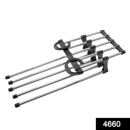 Multi-functional pants hanger with adjustable features for organizing. multi-layer pants hanger, 5 in 1 trouser hanger, folding pants rack, closet space saver, stainless steel pants hanger, travel trouser hanger, wardrobe organizer