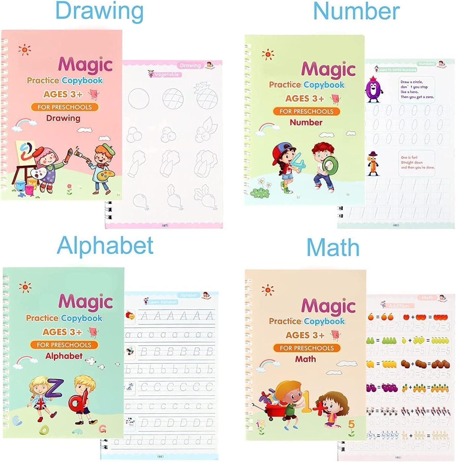 best Sank Magic practice copybook set with 4 books and pen in India, reusable handwriting practice kit with grip and 10 refills, Sank Magic reusable writing copybook for kids, handwriting practice workbook set with pen and grip, kids reusable handwriting kit with refill pages,