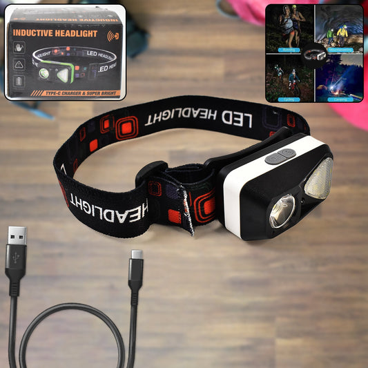 ultra bright head-mounted flashlight with USB charging, waterproof LED headlamp for outdoor use, USB rechargeable headlamp with adjustable strap, head-worn flashlight for trekking and night running, waterproof headlight with ultra bright beam,
