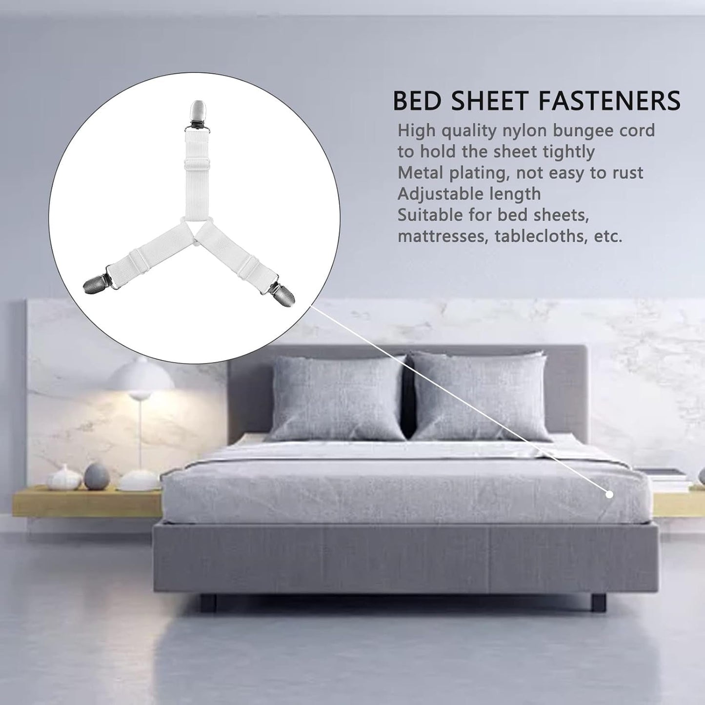 best bed sheet clips for fitted sheets, stretchable sheet suspenders with metal grips, bed sheet corner holders adjustable straps,