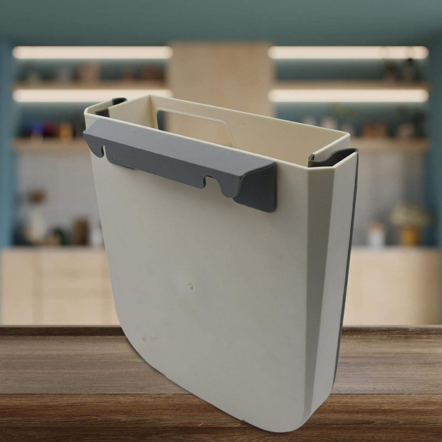 portable collapsible hanging trash can for kitchen cabinet, foldable bin with hook for car and cabinets, space-saving foldable hanging waste bin, compact collapsible trash holder for kitchen car cabinet

