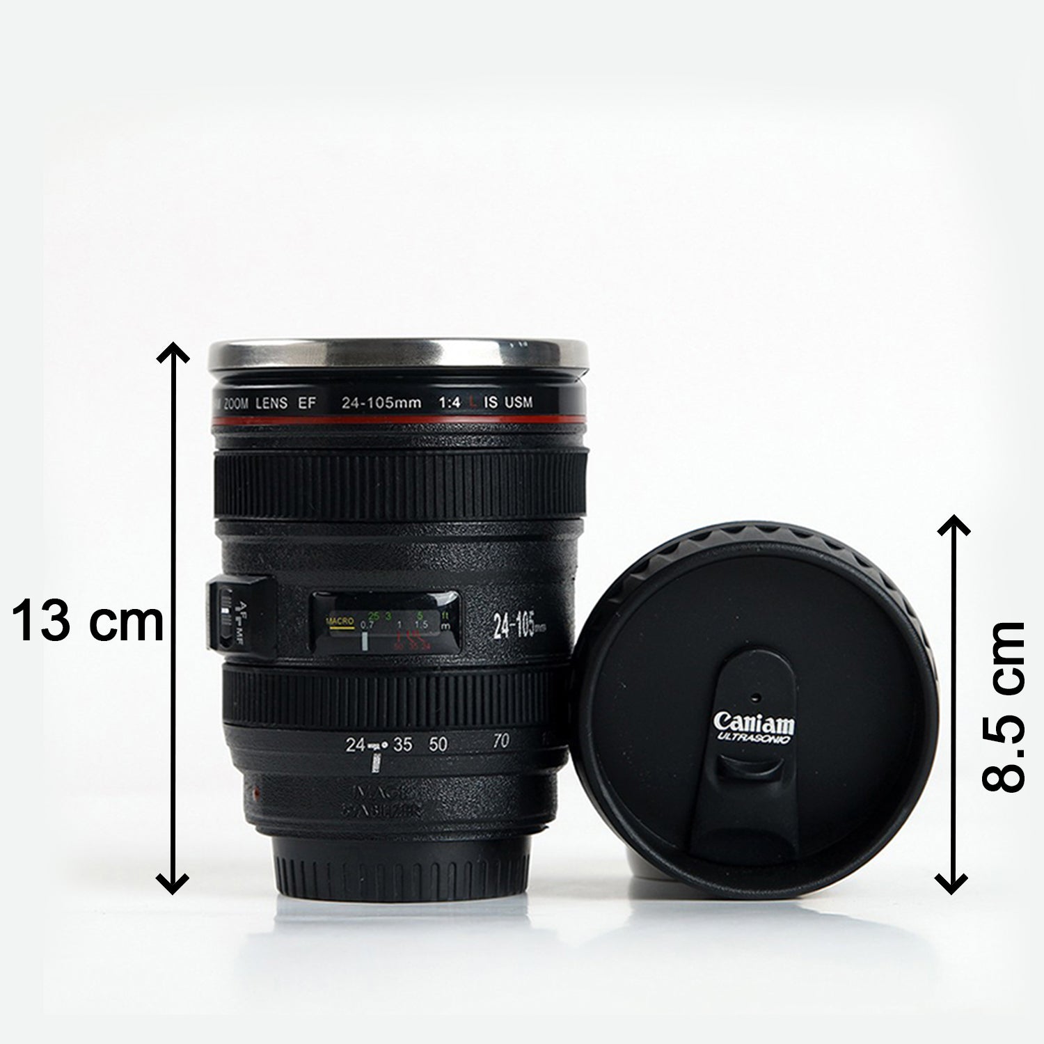 Camera lens inspired stainless steel coffee mug, focusing on the unique lens design, camera lens coffee mug, photography mug, coffee mug with lid, 350ml travel cup, DSLR lens mug, coffee gift for photographers, insulated beverage mug