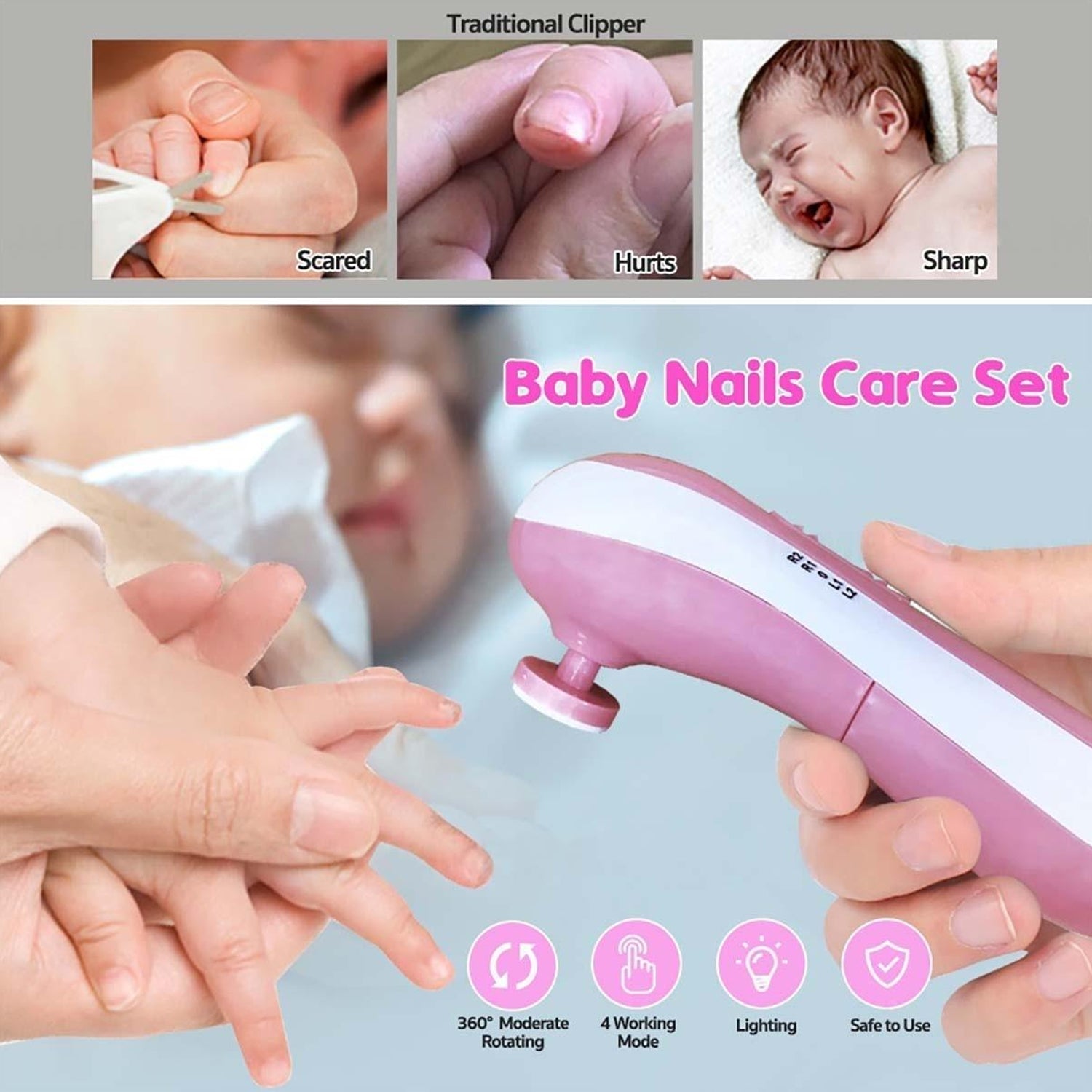 Electric nail trimmer for babies with grinding tips, baby nail trimmer, electric nail file for baby, newborn nail cutter, nail trimmer with LED light, baby grooming tool, safe nail file, toddler nail cutter