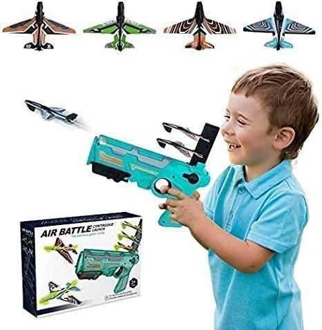 kids birthday party gift airplane launcher toy, shooting game foam glider toy for kids, airplane launcher with 4 planes for kids outdoor fun, kids toy gun with foam airplanes India, exciting airplane shooting game toy for parties