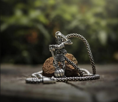 lord hanuman gada pendant necklace, spiritual hanuman locket chain for men, hanumanji silver locket with chain, silver hanuman gada chain for men, religious hanumanji pendant in silver, lord hanuman spiritual pendant necklace, silver chain with hanumanji and gada design, divine hanuman pendant with weapon symbol, hanumanji chain for daily spiritual wear