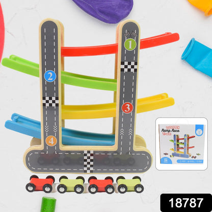  educational wooden racing toy for kids, toddler ramp car toy set with 4 vehicles, click clack wooden race set for children, eco-friendly wooden car play toy, high-quality wood race track for toddlers, fun gravity ramp racer track with cars
