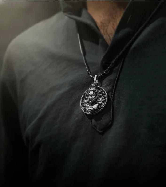 religious Bajrangbali necklace for men, Hanuman pendant with silver chain, men's oxidised silver Hanuman necklace, spiritual Bajrangbali pendant jewelry, Hindu deity pendant for men,