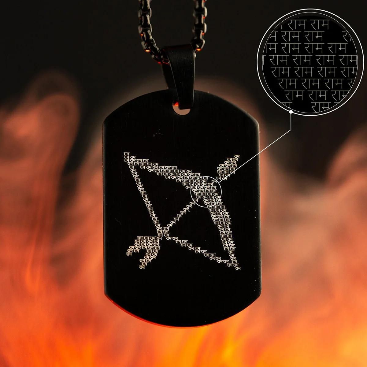 Ram Baan Microcarved Tag Necklace for Men | Stylish Ram Naam Pendant with Black Chain, ram baan necklace, ram tag pendant for men, ram naam pendant, ram pendant black, ram locket for men, lord ram tag necklace, black chain with ram pendant, microcarved ram pendant, alloy ram naam locket, ram necklace for men, jai shri ram pendant, ram naam chain, stylish ram locket, spiritual tag necklace, casual wear ram pendant, men’s religious tag pendant