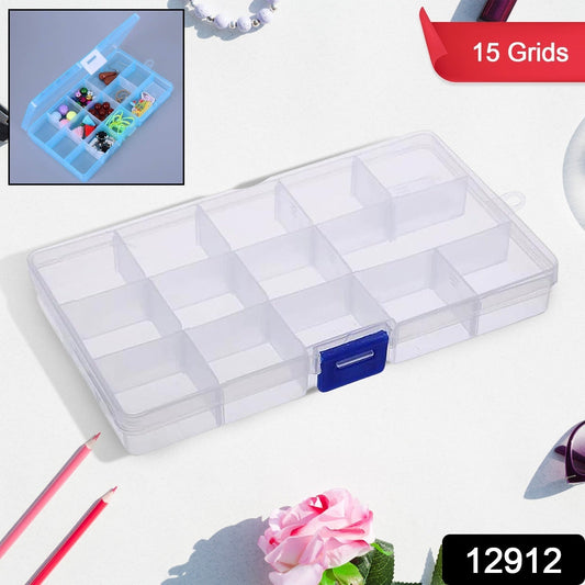 15-grid clear plastic jewelry organizer box, transparent jewelry storage box with compartments, multi-compartment organizer for earrings and rings, plastic jewelry box with adjustable dividers, jewelry organizer box for beads and small items,