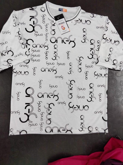 One8 Men’s T-Shirt – White Polyester Printed Half Sleeves, Round Neck, Regular Fit Casual Wear (1 Pc)