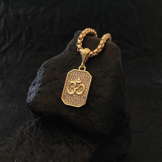 Gold Plated Om Diamond Pendant and Chain for Men | Spiritual Pendant with Chain, gold plated om pendant, om diamond pendant for men, gold om pendant with chain, spiritual pendant for men, om pendant necklace, diamond om chain for men, gold plated spiritual jewellery, om chain for men gold plated, om symbol gold pendant, buy om pendant online India