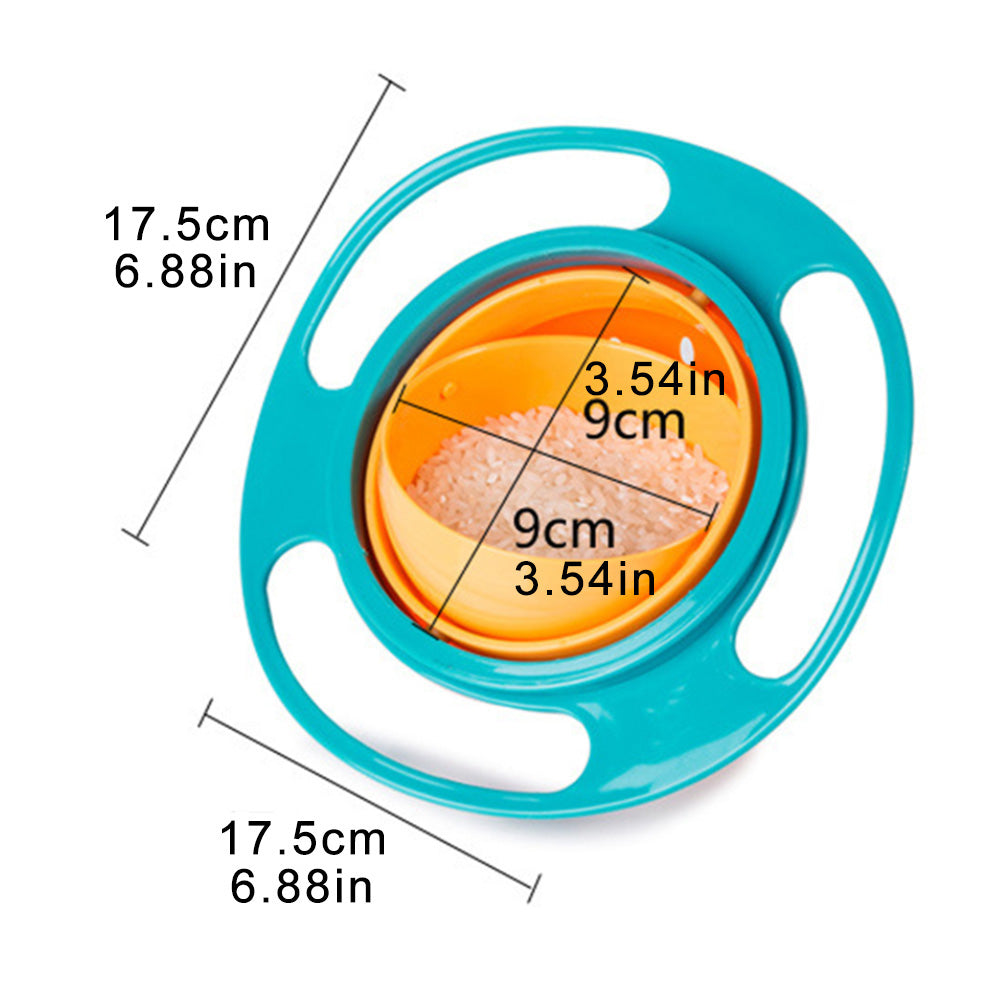 Portable toddler feeding bowl with gyro design, non-spill and rotating for easy use. gyro bowl for kids, spill proof toddler bowl, rotating baby snack bowl, kids feeding dish, anti spill gyro bowl, 360 degree snack bowl, baby feeding utensil