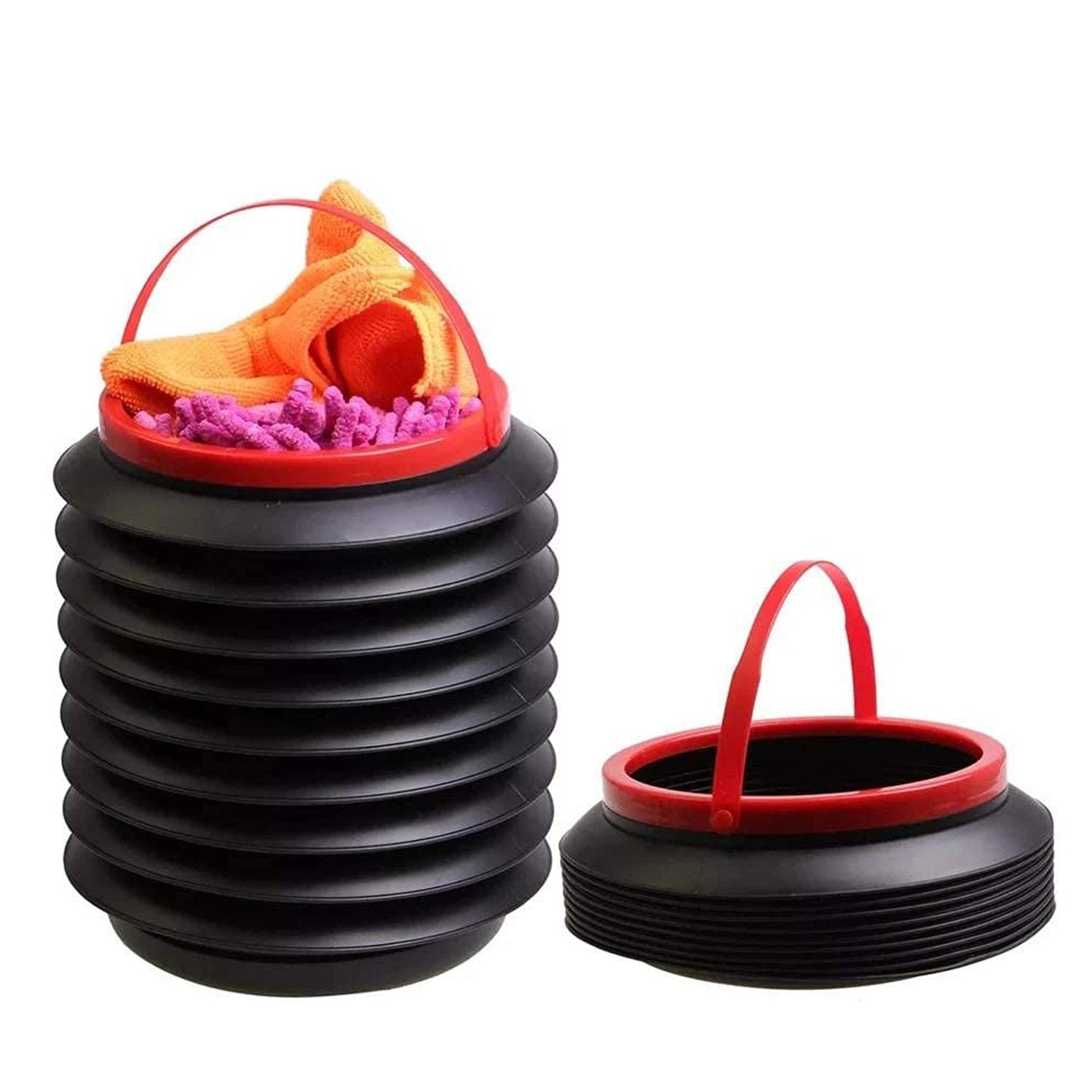 Side view of foldable storage bucket highlighting its use as a water container and dustbin. foldable bucket, collapsible storage bucket, car trash bin, kitchen water container, plastic bucket for home, portable water bucket, utility storage bucket