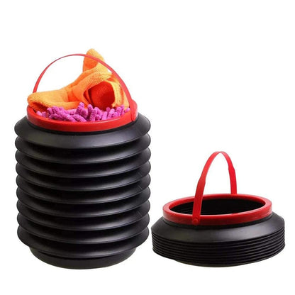 Side view of foldable storage bucket highlighting its use as a water container and dustbin. foldable bucket, collapsible storage bucket, car trash bin, kitchen water container, plastic bucket for home, portable water bucket, utility storage bucket