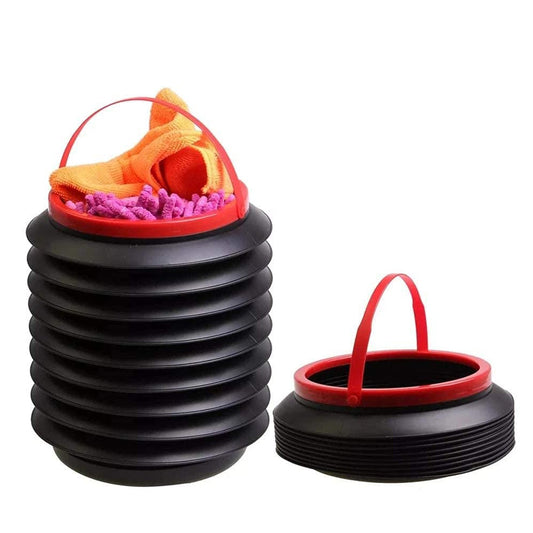 Side view of foldable storage bucket highlighting its use as a water container and dustbin. foldable bucket, collapsible storage bucket, car trash bin, kitchen water container, plastic bucket for home, portable water bucket, utility storage bucket
