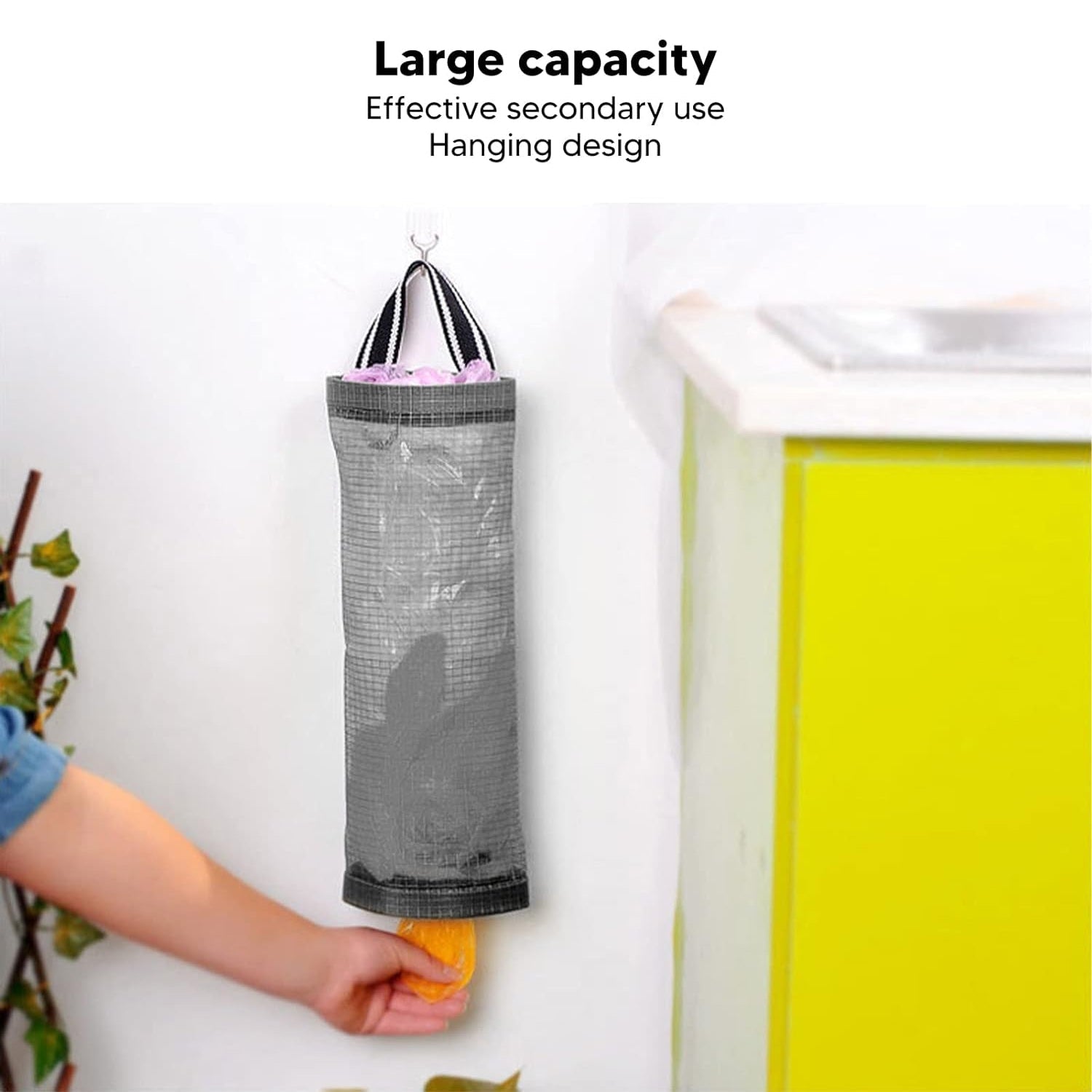 waste bag holder, hanging trash bag rack, kitchen garbage holder, over door trash frame, plastic bag organizer, cabinet waste holder,