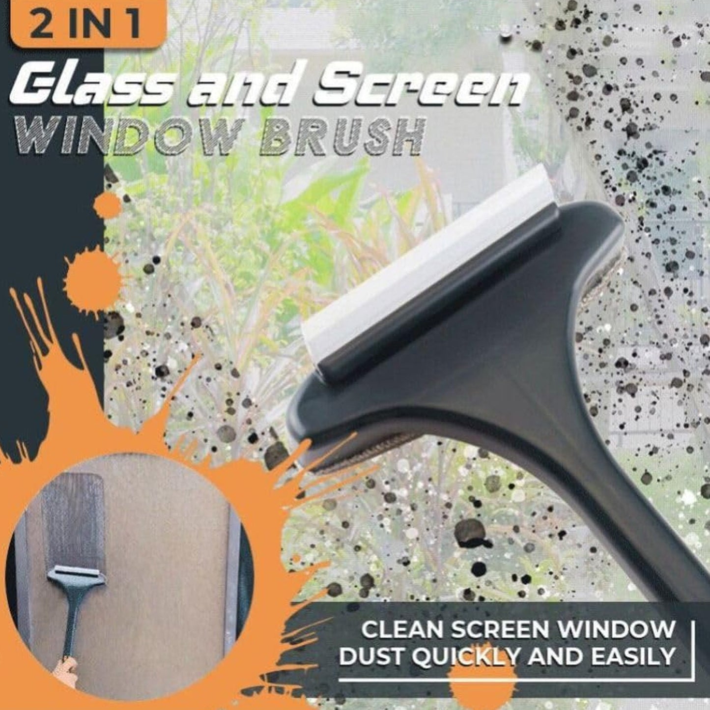 multipurpose window and screen cleaning brush with long handle, flannel mesh & rubber wiper window cleaner, double‑sided screen cleaning wiper brush