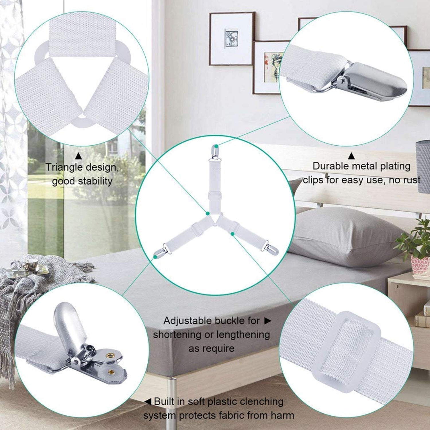 stretchable elastic straps for bed corners, durable bed sheet suspenders for Indian homes, triangle clip straps for bed sheet tightening