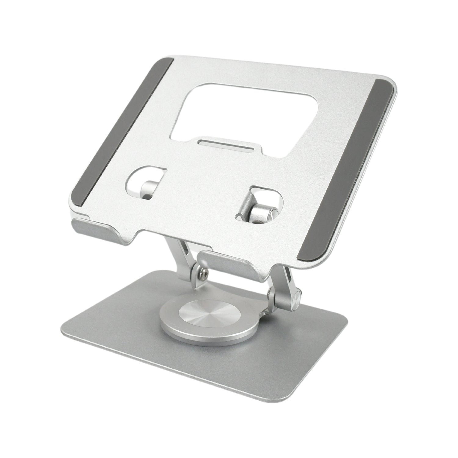 universal tablet stand with ergonomic design and metal body, portable rotating tablet mount for reading and video calls, foldable aluminum tablet stand for study and work-from-home setup, sturdy tablet holder with adjustable angles and sleek finish

