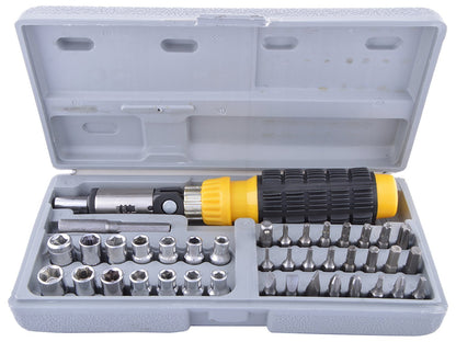 41-piece socket and screwdriver tool kit, socket tool kit, screwdriver set 41 pcs, ratchet wrench set, drill-compatible bit set, chrome tool set, DIY tool kit, socket set with case