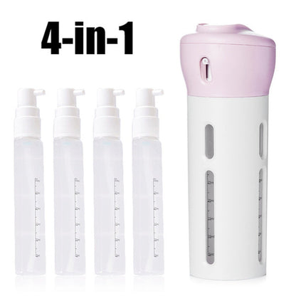 Travel cosmetic container set with 4 bottles, travel dispenser bottle, 4-in-1 travel bottle, leak-proof cosmetic container, refillable travel bottles, multicolor travel kit, travel toiletry bottle