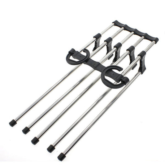 Adjustable trouser pants hanger organizer for space-efficient storage. multi-layer pants hanger, 5 in 1 trouser hanger, folding pants rack, closet space saver, stainless steel pants hanger, travel trouser hanger, wardrobe organizer