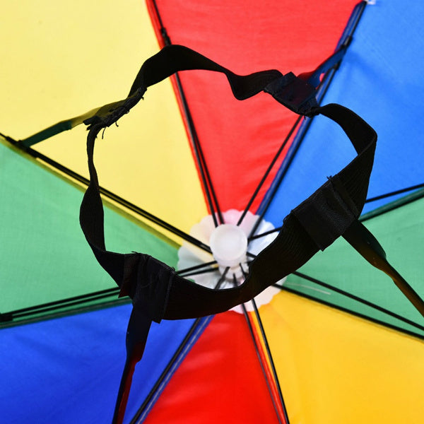 Umbrella hat for hands-free sun and rain coverage. umbrella hat, hands-free umbrella cap, kids rain cap, multicolor umbrella hat, head umbrella, sun protection cap, funny umbrella hat, nylon rainbow hat, fishing umbrella hat, umbrella cap for men and women