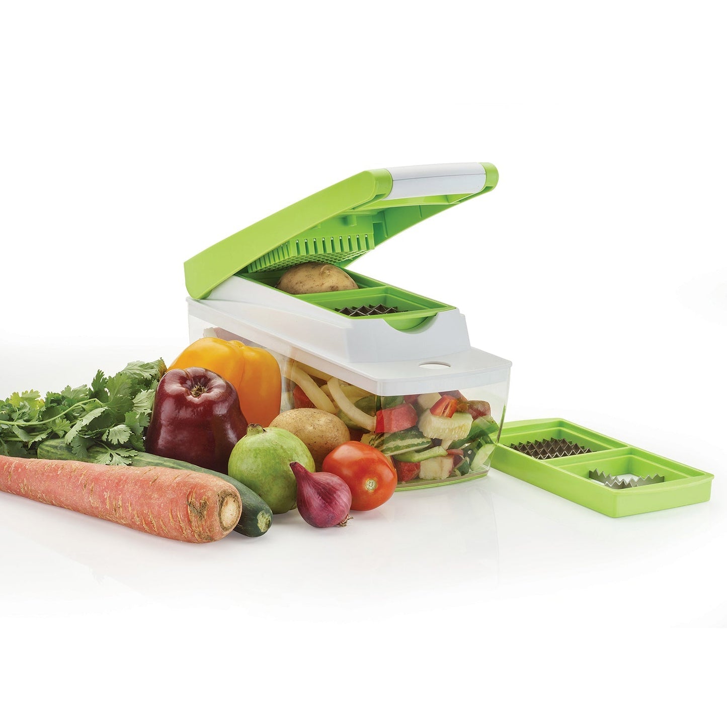 House of Sensation quick dicer, Snowpearl 14-in-1, shown from multiple angles. snowpearl 14 in 1 dicer, house of sensation vegetable cutter, multipurpose chopper, stainless steel blade dicer, kitchen slicer, vegetable chopper, fruit cutter
