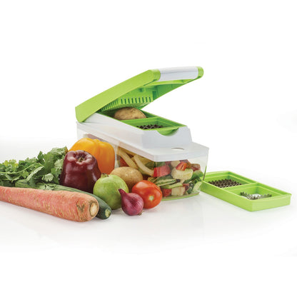 House of Sensation quick dicer, Snowpearl 14-in-1, shown from multiple angles. snowpearl 14 in 1 dicer, house of sensation vegetable cutter, multipurpose chopper, stainless steel blade dicer, kitchen slicer, vegetable chopper, fruit cutter