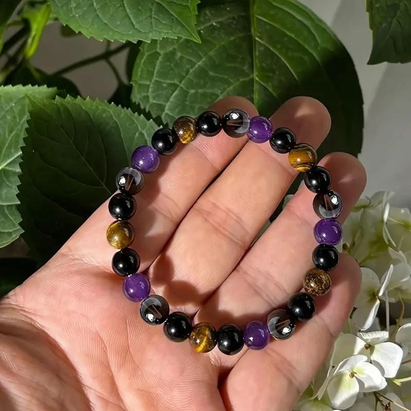 natural stone protection bracelet pack of 10 with amethyst citrine and tiger eye, buy gemstone healing bracelets pack of 10 online india, beaded elastic bracelet combo with amethyst citrine tiger eye stones, unisex protection crystal bracelets multicolor pack of 10,